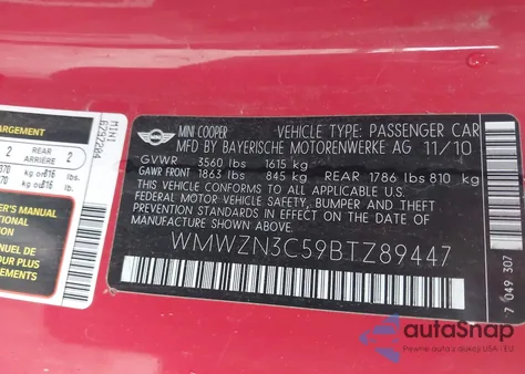 2011 Mini Cooper из США, поврежденный, VIN WMWZN3C59BTZ89447